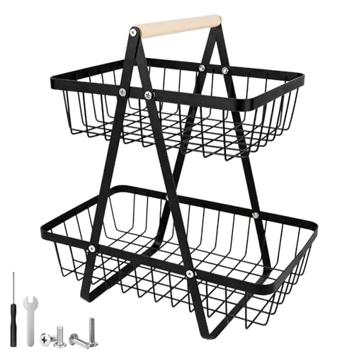 NVIYAM 2 Stöckig Obstkorb, Metall Obstschale Gemüse Regal, Abnehmbar Obst Etagere, Stehend Aufbewahrung Küche, Obst Halter Aufbewahrung für Obst Gemüse Brot Snacks Korb