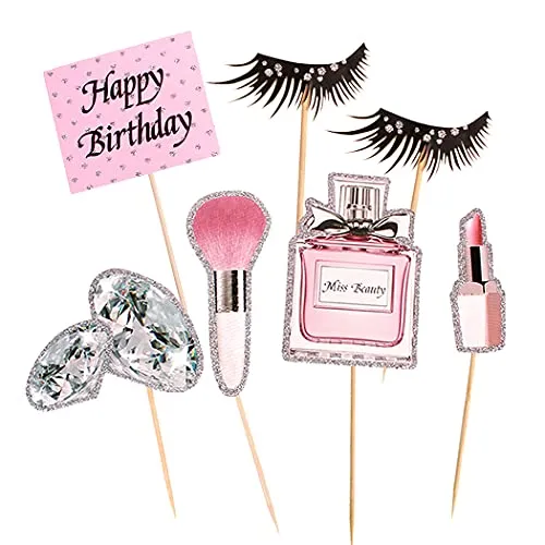 Aabellay 28 Stück Tortendeko Geburtstag Glitter Makeup Cupcake Toppers Kosmetik Cupcake Picks Lippenstift Parfüm Pinsel Kuchen Topper Wimpern Diomand Kuchen Dekoration Happy Birthday Kuchenaufsatz