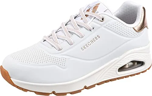 Skechers Damen Uno Shimmer Away sneakers, White Durabuck Rose Gold Duraleather Trim, 38.5 EU