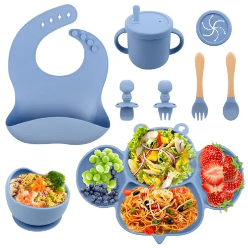 Silikon Baby Geschirrset,Rutschfest Kindergeschirr Set mit Saugnapf,8-Teiliges Geschirrset Baby:Baby teller,Kinderteller mit Saugnapf,Silikonbecher, Löffel, Gabel, Lätzchen, Trinkbecher,Blau