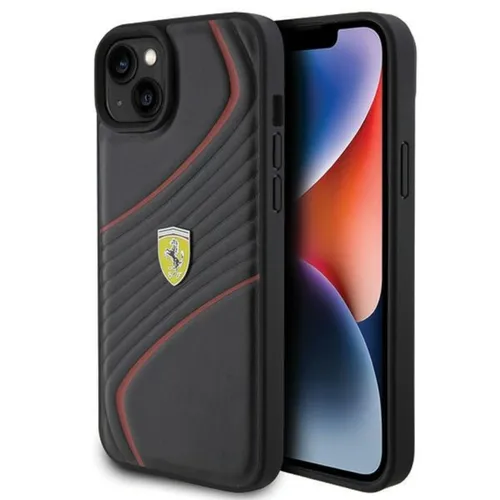 Ferrari iPhone 15 Plus Schutzhülle mit Twist Metal Logo - Hochwertiges Hardcover für Apple iPhone 15 Plus, elegantes Design in Schwarz mit stylischem Ferrari Logo für optimalen Schutz und Stil.