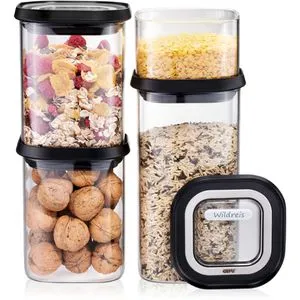 Gefu Vorratsdose Pantry 12806 - 4-teiliges Set aus BPA-freiem Borosilikatglas, spülmaschinengeeignet und luftdicht mit praktischen Deckelfenstern