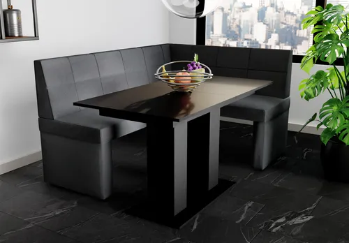 Eckbankgruppe BLAKE XL L mit Esstisch DANTE Schwarz - Moderne Eckbankgruppe mit Esstisch in Schwarz, ideal für Wohnzimmer und Esszimmer. Stilvolles Design, hochwertige Materialien und großzügige Maße: 196x142 cm bieten Platz für gesellige Runden.