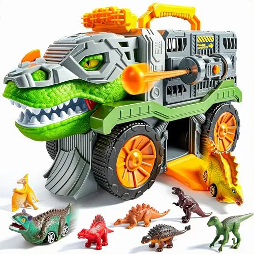 Vroomix Dinosaurier-Spielzeug ab 3-5 J.: Dino-Transporter mit 2 Autos, 6 Figuren, T-Rex-LKW mit Werfer & Pfeilen Jungen ab 3, 4, 5+ Jahren