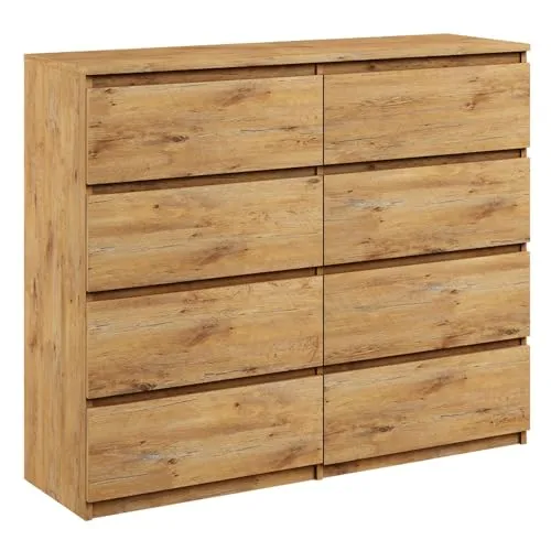 roe furniture Kommode mit 8 Schubladen, Komodenschrank 120 cm Breit, Schubladenschrank für Schlafzimmer, Wohnzimmer, Flur – Modern, Grifflose Front – 118,6x35x98,7 cm