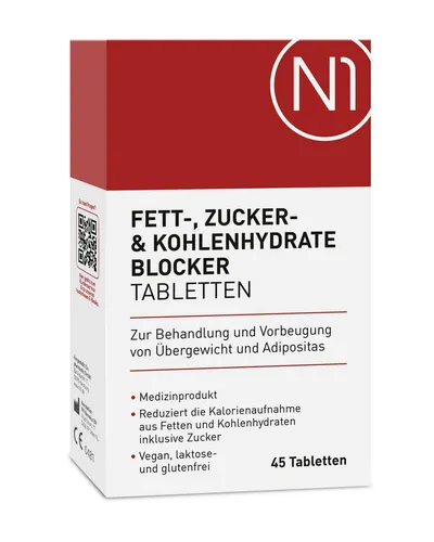 N1 Fett-, Zucker- & Kohlenhydrate Blocker, 45 Tabletten - Effektive Tabletten zur Unterstützung der Ernährung, ideal für Diäten. Praktische Dosierung mit 45 Stück für eine einfache Anwendung. Enthält hochwertige Inhaltsstoffe.