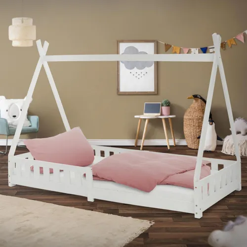 ML-DESIGN Kinderbett Hausbett Tipi Zeltbett - Betten für Kinder, stilvolles Tipi-Design mit Rausfallschutz, ideal für Abenteuer und sicheres Schlafen.
