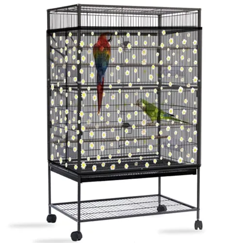 Mngren Vogelkäfig Abdeckung Groß, Vogelkäfig Netz Extra Groß Weich Luftig, Vogelkäfig Samenfänger, Einstellbar Papageien Kordelzug Netz für Runde Quadratische Käfige (Schwarze, Gänseblümchen)