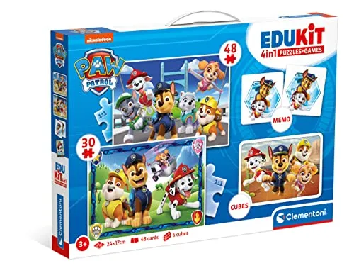 Clementoni Edukit 4 in 1 Paw Patrol - Spielesammlung für Vorschulkinder ab 3 Jahren - Inkl. 2 Puzzles, Memo-Spiel & Würfelpuzzle, 18291