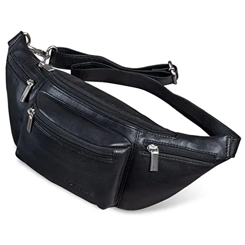 ROYALZ 'Laguna' Bauchtasche Leder Vintage Look Gürteltasche Unisex auch als Brusttasche Crossbody Bag Hüfttasche für Damen und Herren Echtleder, Farbe:Schwarz