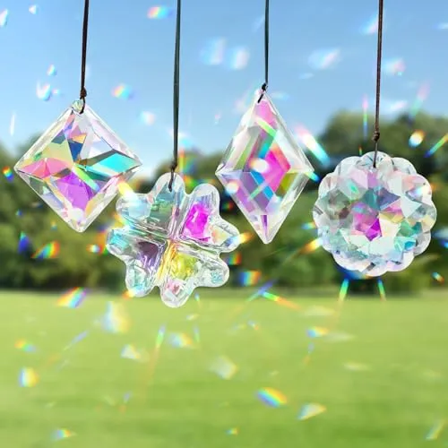 Luxoraiova 4 Stück Kristall Sonnenfänger, Große Kristallglas-Prismen, AB-farbene Fensterkristalle, Regenbogen Deko für Haus & Garten