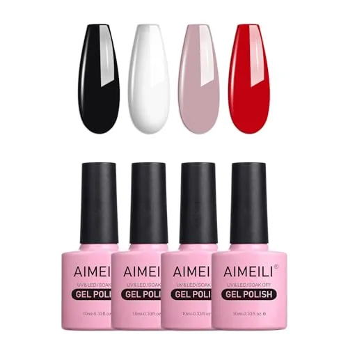 AIMEILI UV LED Gellack mehrfarbig ablösbarer Gel Nagellack Schwarz Weiß Nude Rot Gel Polish Set Kit - 4 x 10ml (SET4-19)