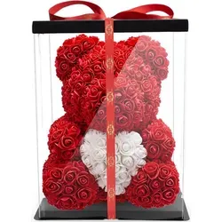 NADIR Kunstblume Rosenbär 40 cm - Geschenkbox mit Herz für besondere Anlässe - Kunstblumen, handgefertigter Rosenbär in Rot, ideal als Geschenk für Valentinstag, Muttertag oder Jubiläen, inklusive eleganter Geschenkbox und Schleife.