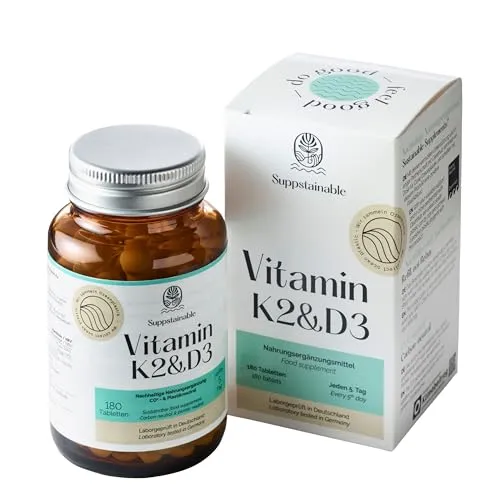 Suppstainable Vitamin D3 + K2 Tabletten – hochdosiert 5000 I.E. (125 µg) D3 & 100 µg K2 – für Knochen & Immunsystem – nachhaltige Verpackung – vegan, tierversuchsfrei, laborgeprüft