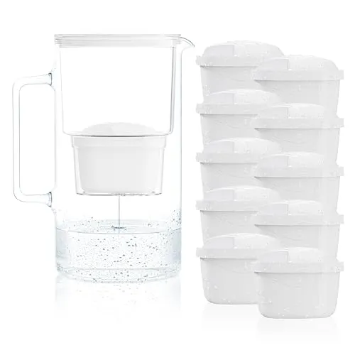 Wessper Wasserfilter Kanne Glas 3L, Set Wasserkanne und 10 Filterkartuschen, Wasserkaraffe für Trinkwasser mit Ersatz Filter, Kompatibel mit Brita Maxtra - Weiß
