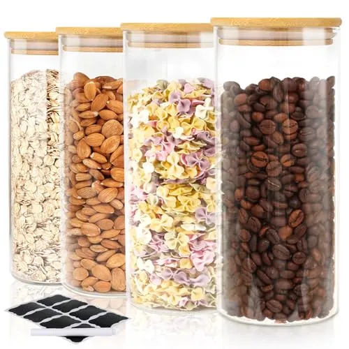 FoiiLiio Vorratsdosen Glas mit Holzdeckel 4er Set 1L Vorratsgläser mit Deckel Rund Aufbewahrungsgläser Küche, Glasbehälter Luftdicht Set Vorratsbehälter Glas für Gewürze, Nuss, Körner, Aufbewahrung