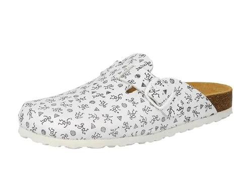 Lico Damen Bioline Clog Print Clogs - Weiß Grau, 38 EU - Damen Clogs aus Synthetik, ideal für den Alltag, mit bequemem Gummiverschluss und normaler Schuhweite für optimalen Tragekomfort.