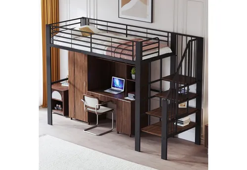 Stilvora Hochbett Schwarz 90x200 cm – Optimale Raumnutzung für Kinderzimmer - Das Stilvora Hochbett aus stabiler Metall- und Holz-Konstruktion bietet unter der Liegefläche zusätzlichen Stauraum. Ideal für kleinere Räume, sorgt es für eine effiziente Flächennutzung und einen sicheren Zugang durch die integrierte Treppe.
