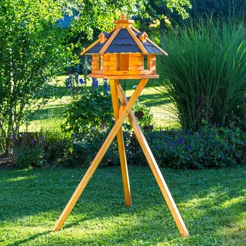 Vogelhäuschen, Vogelhaus mit Bitumschindeln, behandelt mit Ständer, Vogelfutterhaus mit Futtersilo, Silo