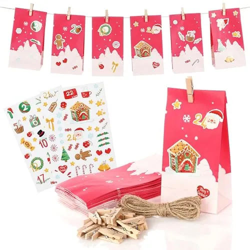 Nordstern Adventskalender zum Befüllen 2025 mit 24 Weihnachts-Papiertüten, Weihnachtsaufkleber, Juteschnur und Holz Klammern, Geschenktüten zum Basteln und Verschenken