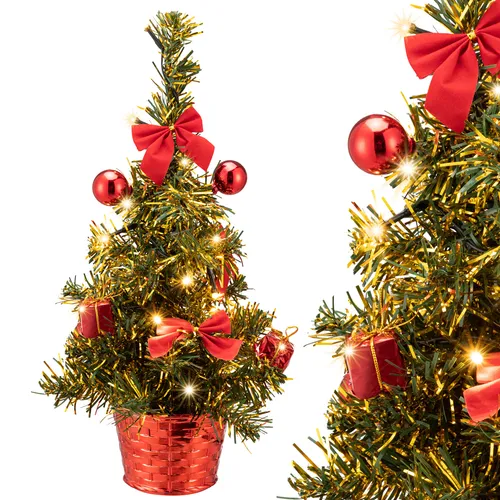 DeubaXXL Künstlicher Mini Weihnachtsbaum 36cm Rot mit Timer Lichterkette - Kompakter Mini-Weihnachtsbaum für kleine Räume, inklusive Timer-Lichterkette für mühelose Weihnachtsbeleuchtung und festliche Atmosphäre.