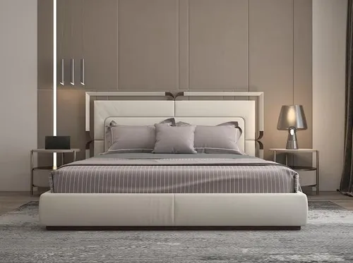 Luxus Bettgestell Modernes Design in Beige mit Braun Akzenten - Elegantes Bettgestell für Erwachsene, Maße 220 x 194 x 130 cm, hochwertige Holzverarbeitung und modernes Design, perfekt für stilvolle Schlafzimmer.