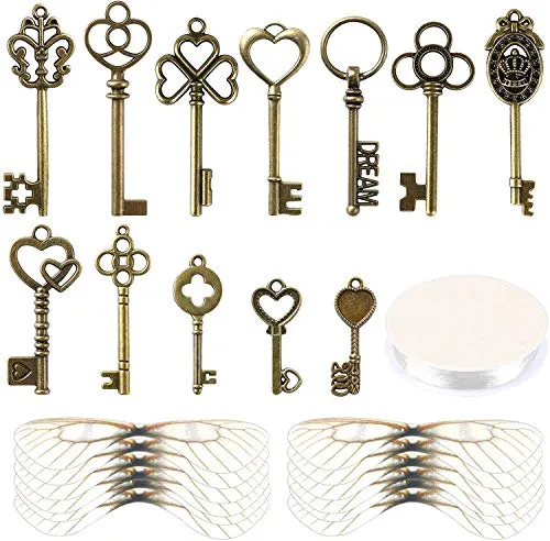 SANNIX 48 Stück Vintage Skelett Schlüssel Fliegende Schlüssel Charms mit 50 Paar Libellenflügel und 30m Elastische Kristallschnur für DIY Schmuckherstellung Hochzeit Party Gastgeschenke Raumdekoration