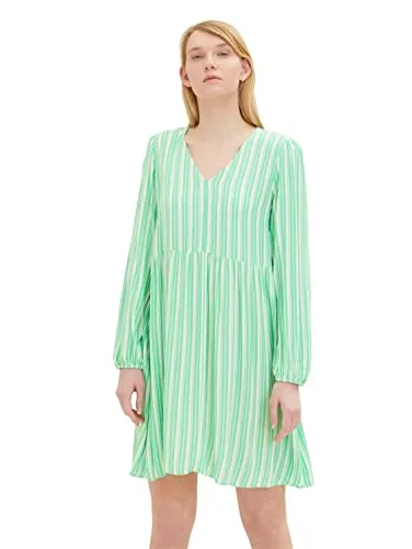 TOM TAILOR Denim Damen Kleid 1035447 mit Muster - Freizeitkleid in Vertical Green White Stripe, mit Ballonärmeln und V-Ausschnitt für optimalen Tragekomfort. Ideal für verschiedene Anlässe von Freizeit bis Hochzeit.