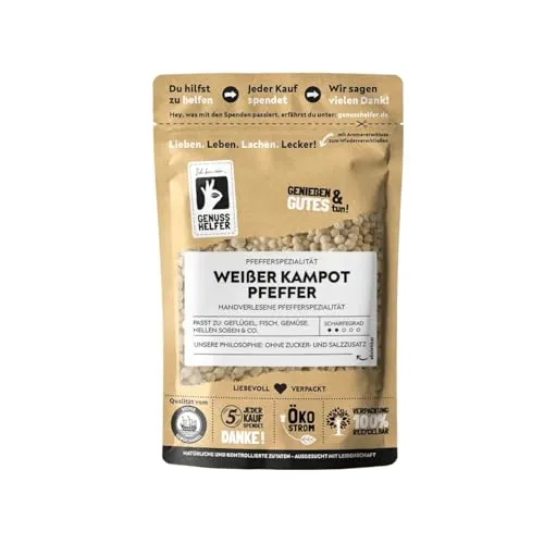 Bremer Gewürzhandel weißer Kampot Pfeffer, ganz, aromatischer Pfeffer für die Mühle für helle Soßen und Speisen, 50g