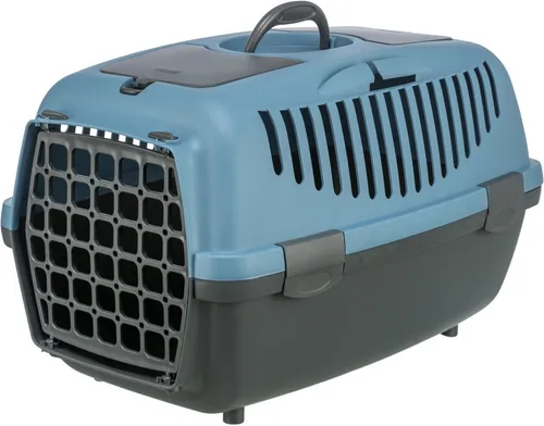 Transportbox Capri 2, Größe XS-S, dunkelgrau/pastellblau - Hundeboxen für kleine Hunde bis 8 kg, mit praktischem Tragegriff und Ablagefach für Zubehör, ideal für sicheres Reisen.