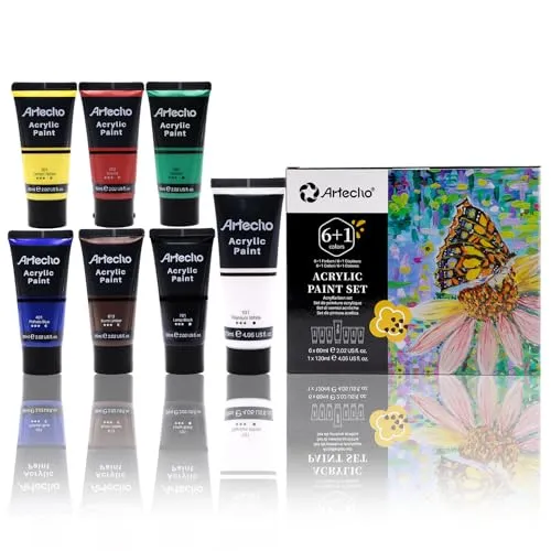 Artecho Acrylfarben Set Professional 6x60 ml & 1x120 ml Titanweiß Tube, Wasserfest und Lichtecht, Schnell Trocknend, ideal für Leinwand, Papier und Stoffe.