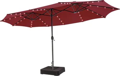 COSTWAY Doppelsonnenschirm 450x260cm mit Ständer und Solar-LEDs in Rot - Ultragroßer Sonnenschirm für optimalen Schatten und Komfort im Garten. Mit 48 Solar-LEDs für stimmungsvolles Licht und einem praktischen Kurbelmechanismus für einfaches Öffnen und Schließen.