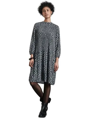 STREET ONE Damen A144290 Gemustertes Plissée-Kleid - Cool Vintage Green, 34 EU - Freizeitkleid mit Stehkragen und 3/4-Ärmeln, das durch sein grafisches Muster und den weichen Fall ideal für lässige Anlässe ist.