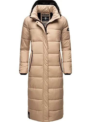 Navahoo Damen Wintermantel Isalie in Taupe, Größe XXL - Funktionsjacken: Warmer Steppmantel mit abnehmbarer Kapuze, ideal für kalte Tage und ausgestattet mit Innentasche für Bluetooth-Kopfhörer und Powerbank.