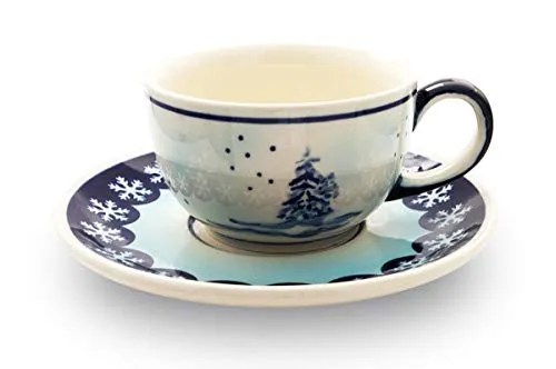 Original Bunzlauer Keramik Kaffee- und Tee-Tasse mit Untertasse 0,21 Liter Winterlandschaft Dekor DU11 Weihnachten