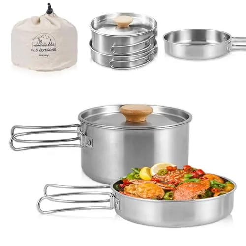 Udbrud Camping Kochgeschirr Set, Camping Topf Edelstahl Camping Kochtopf mit Deckel und faltbarem Griff Tragbar Outdoor Geschirr Set für Camping Wandern Angeln Picknick