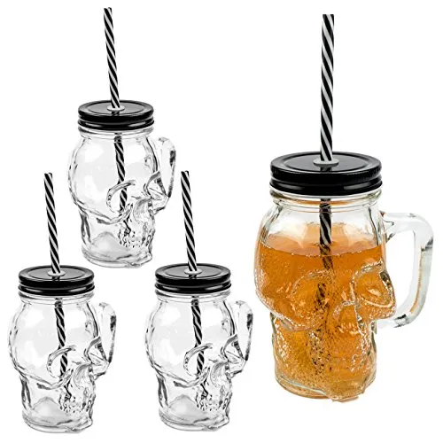 Sinoba 3D Totenkopf Glas Trinkglas mit Deckel und stabilem Strohhalm 500ml 4er-Set
