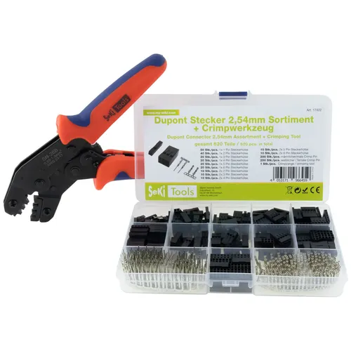 SeKi Crimpzange 0,25-1,0mm² inkl. 620 Stk. Dupont Steckverbinder 2,54mm 1-6 PIN