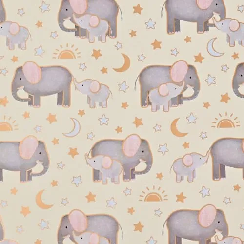 Geschenkpapier 70cm x 2m Rolle Elefant mit Baby - Geschenkpapierrolle mit Sonne Mond & Sternen - Babypapier für Geburt Babyshower Taufe - Verpackungspapier für Geschenke Kindergeburtstag