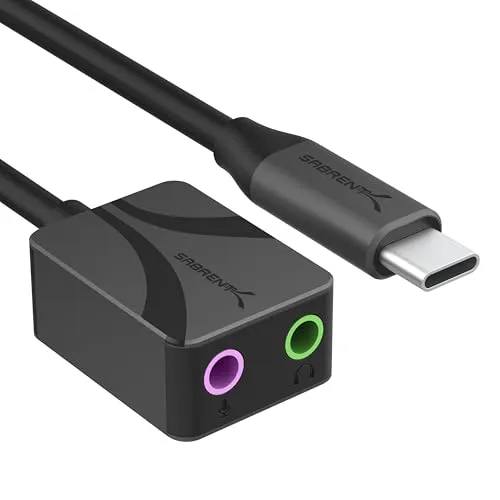 Produktbild SABRENT USB-C Externe Soundkarte mit 24-Bit/96KHz Hi-Res Sound, USB Typ-C auf 3,5-mm-Klinke, Zwei Buchsen für Mikrofon und Stereo, Aluminiumgehäuse, Audio-zu-USB-Adapter (AU-UCMA)