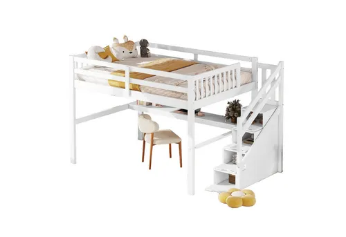 HAUSS SPOLE Hochbett 140 x 200 mit Treppe, Stauraumschubladen und Schreibtisch, Weiß