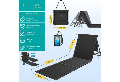 KESSER Klappbare Gartenliege mit verstellbarer Rückenlehne - Liegen für Strand, Garten & Terrasse, max. 130 kg Tragkraft, leicht und kompakt, inklusive wasserdichter Handyhülle und praktischer Tragetasche für einfachen Transport.