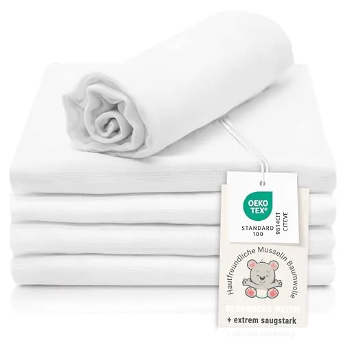 ZOLLNER 5er Set Musselin Spucktücher in 80x80 cm aus Baumwolle - hautfreundliche Mulltücher - besonders weich und extrem saugstark - waschbar bis 95°C - in weiß