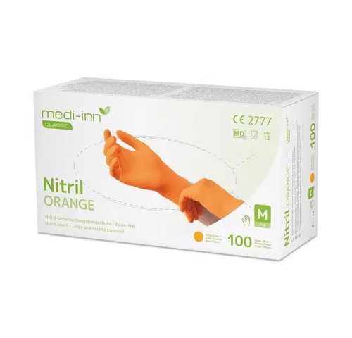 Medi-Inn Nitril-Handschuhe Orange S - Puderfreie Nitril-Einmalhandschuhe in Orange, latexfrei und fingertexturiert. Ideal für sicheres Arbeiten mit AQL: 1.5, perfekt für medizinische und hygienische Anwendungen.