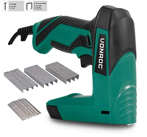 VONROC Elektro Tacker & Nagelpistole – 2in1 für präzises Tackern - Tacker für Holz und mehr, mit leistungsstarkem Motor für saubere Ergebnisse und Sicherheit durch direkten Kontaktmechanismus. Ideal für DIY-Projekte und Möbelbau.