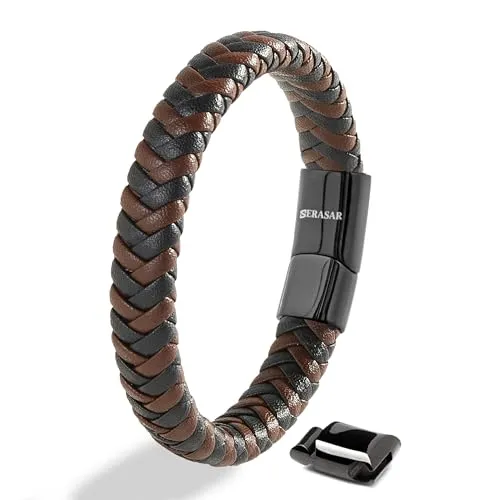 SERASAR Lederarmband Herren Braun 23cm - Armbänder für Herren – Stilvolles, geflochtenes Echtlederarmband mit hochwertigem Edelstahlverschluss. Ideal als Geschenk in einer eleganten Schmuckschachtel.
