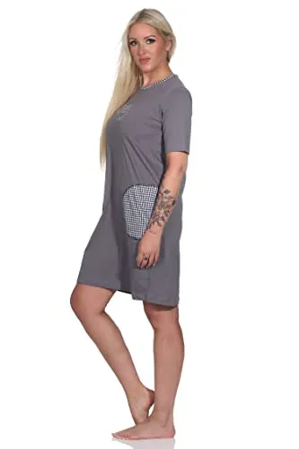 Normann Damen Kurzarm Nachthemd mit Taschen – Übergrößen verfügbar, grau, Größe 36-38 - Sommerliches Damen Nachthemd mit aufgesetzten Taschen im Pepita-Look. Ideal für warme Nächte, in bequemen Übergrößen erhältlich. Aus schadstoffgeprüften Materialien für höchsten Tragekomfort.