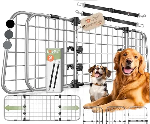Lovpet® Hundegitter Auto - Sicheres Trenngitter für Hunde - Netze & Gitter für Tiertransportsysteme, verstellbare Breite mit einfacher Montage und zwei Sicherheitsgurten für maximalen Schutz und Komfort beim Autofahren.