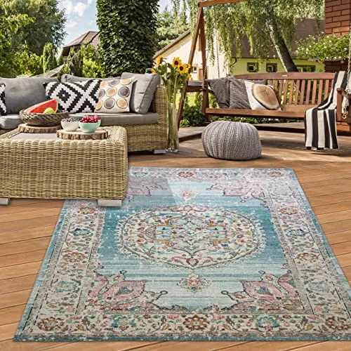Teppich-Traum orientalischer Vintage WOHNZIMMERTEPPICH für In- & Outdoor buntes Blumenmotiv türkis Größe 120x170 cm