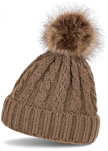 styleBREAKER Zopfmuster Bommelmütze, Strickmütze mit Fellbommel, Winter Beanie Mütze, Unisex 04024064, Farbe:Braun